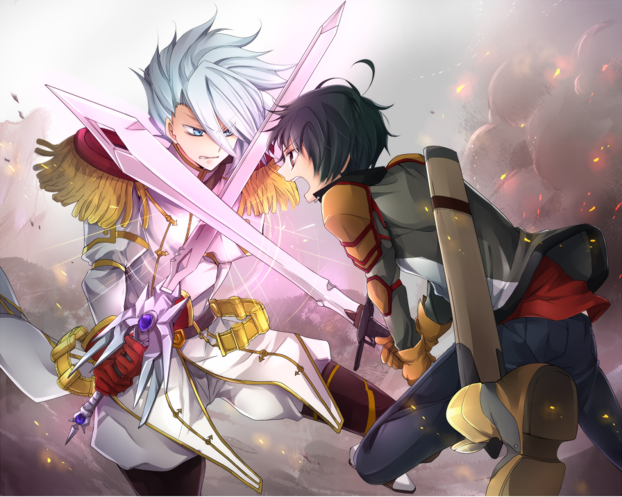 2boys, battle, blue_eyes, boots, epaulettes, erecpyle_dukakis, gloves, green_hair