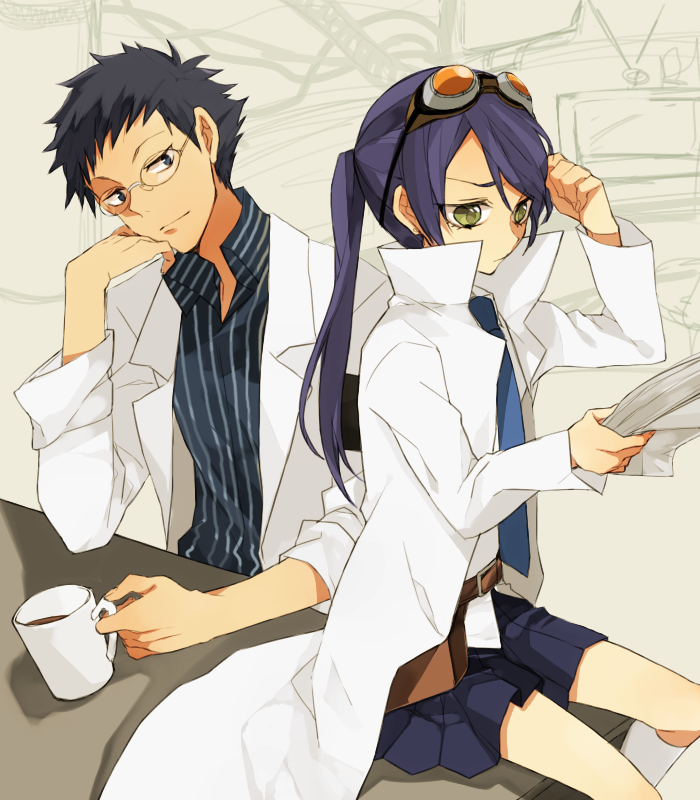 1boy, 1girl, adjusting_goggles, black_hair, blue_eyes, character_request, coffee, cup