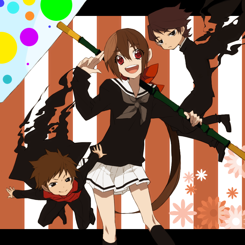 1girl, a_(kyousougiga), bow, brother_and_sister, brothers, brown_hair, hair_bow, hammer
