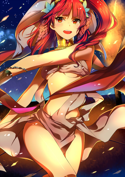 1girl, akishima_kei, breasts, chain, chains, long_hair, magi_the_labyrinth_of_magic, midriff, morgiana, open_mouth, orange_eyes, red_hair, redhead, side_ponytail, solo, under_boob, underboob