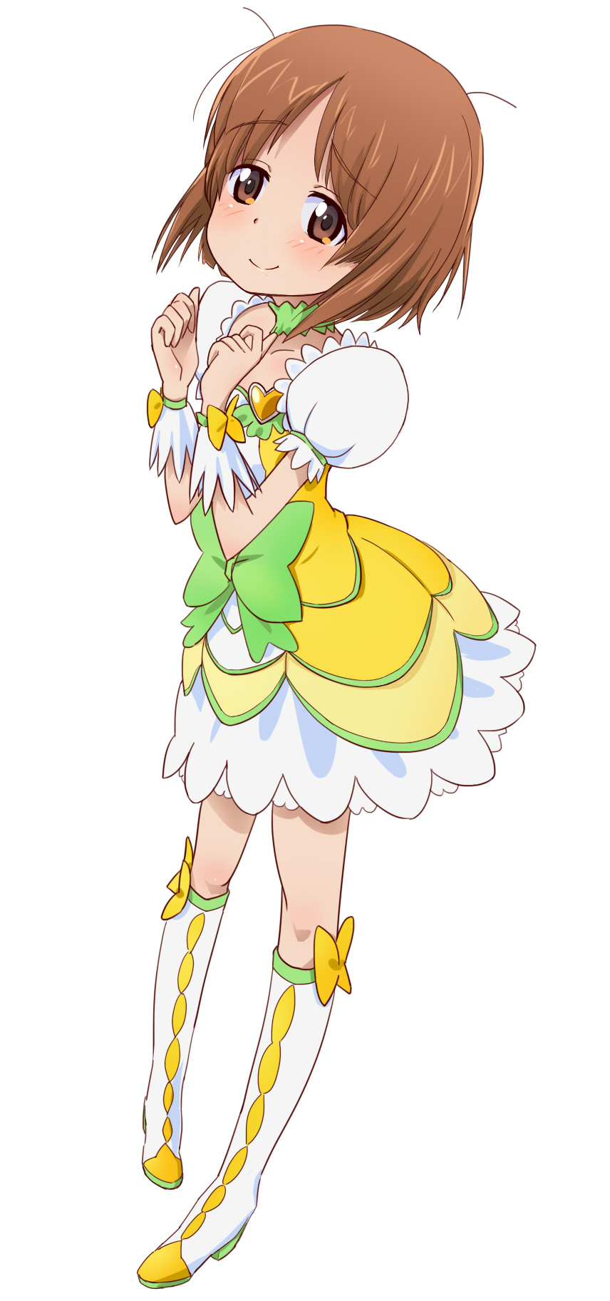 1girl, blush, boots, brown_eyes, brown_hair, choker, cosplay, cure_rosetta