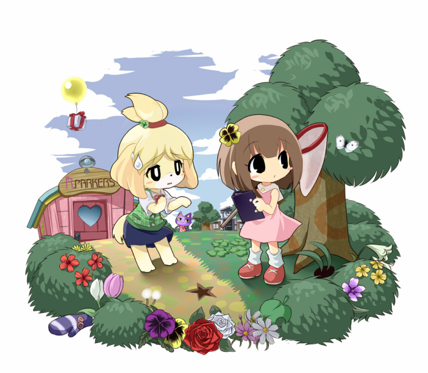 1boy, 2girls, :3, animal_crossing, animal_ears, balloon, bare_shoulders, black_eyes, blonde_hair, blush, blush_stickers, bob_(animal_crossing), bob_cut, brown_hair, bush, butterfly, butterfly_net, cat_ears, cloud, clouds, clover, crescent_moon, dog_tail, dress, fishing_rod, flower, folder, furry, gift, grass, green_hair, hair_flower, hair_ornament, hand_net, house, isabelle_(animal_crossing), moon, multiple_girls, neitomea, net, nikoban_(doubutsu_no_mori), nintendo, open_mouth, paws, player_1, present, rose, scenery, shikei_(jigglypuff), shizue_(animal_crossing), short_hair, single_glove, skirt, sleeveless, sleeveless_dress, sneakers, socks, star, sweatdrop, tail, tobidase:_doubutsu_no_mori, topknot, tree, uniform, village, villager_(animal_crossing)