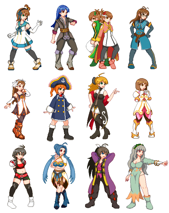 6+girls, ahoge, akizuki_ritsuko, amami_haruka, annotation_request, back-to-back, black_hair, blonde_hair, blue_hair, brown_hair, character_request, company_connection, cosplay, crossdressinging, dio_(tales), dio_(tales)_(cosplay), estellise_sidos_heurassein, estellise_sidos_heurassein_(cosplay), flynn_scifo, futami_ami, futami_mami, ganaha_hibiki, glasses, grey_hair, grune_(tales_of_legendia), grune_(tales_of_legendia)_(cosplay), hagiwara_yukiho, hat, hoshii_miki, idolmaster, jade_curtiss, jade_curtiss_(cosplay), judith, judith_(cosplay), kanonno_earhart, kanonno_earhart_(cosplay), karol_capel, kikuchi_makoto, kisaragi_chihaya, legretta_(cosplay), marta_lualdi, marta_lualdi_(cosplay), mel_(tales), mel_(tales)_(cosplay), minase_iori, miura_azusa, multiple_girls, namco, orange_hair, patty_fleur, patty_fleur_(cosplay), pirate_hat, pixel_art, raven_(tov), raven_(tov)_(cosplay), reverse_trap, rita_mordio, rutee_katrea, rutee_katrea_(cosplay), shijou_takane, takatsuki_yayoi, tales_of_(series), tales_of_destiny, tales_of_legendia, tales_of_phantasia:_narikiri_dungeon_x, tales_of_symphonia, tales_of_symphonia_knight_of_ratatosk, tales_of_the_abyss, tales_of_the_world_radiant_mythology_2, tales_of_vesperia, thighhighs, yoshihiko_(eris0424), yuri_lowell, yuri_lowell_(cosplay)