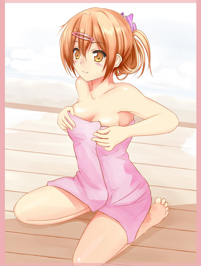 1girl, alternate_hairstyle, barefoot, brown_eyes, brown_hair, chuunibyou_demo_koi_ga_shitai!, hair_ornament, hair_up