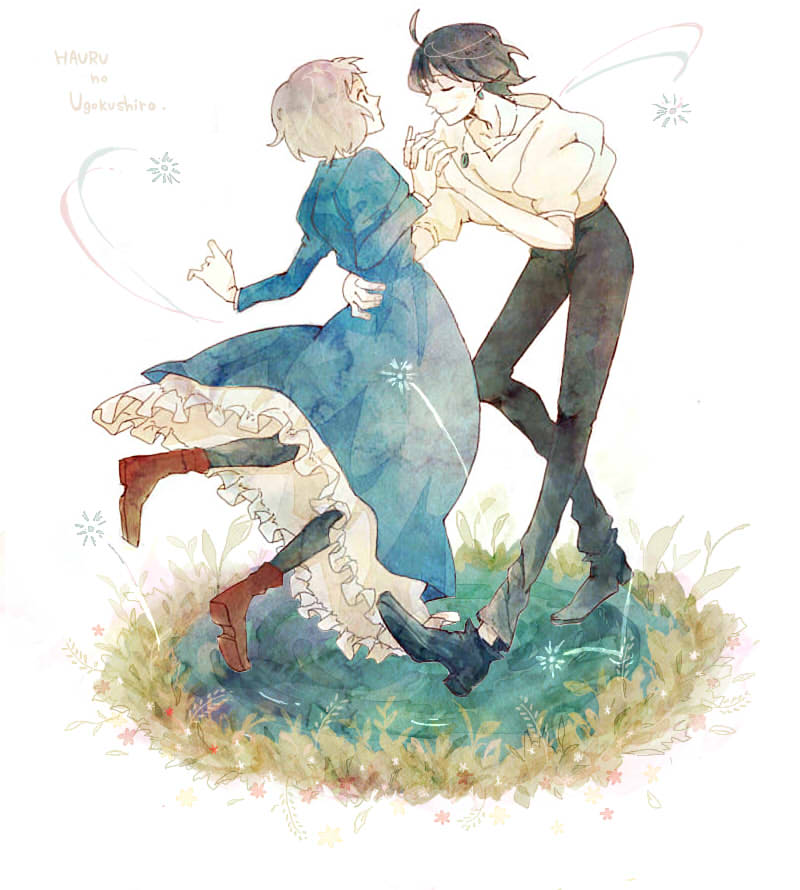 1boy, 1girl, black_hair, couple, dancing, dress, earrings, grey_hair