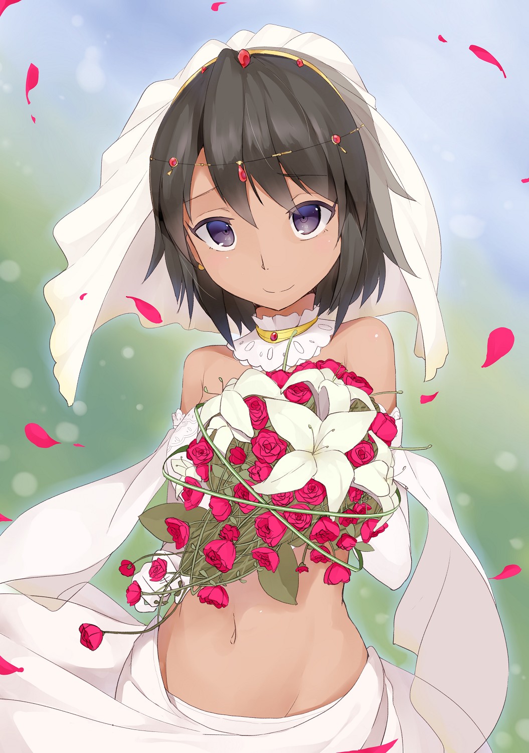 1girl, bare_shoulders, black_hair, bouquet, bridal_veil, dark_skin, dress, earrings