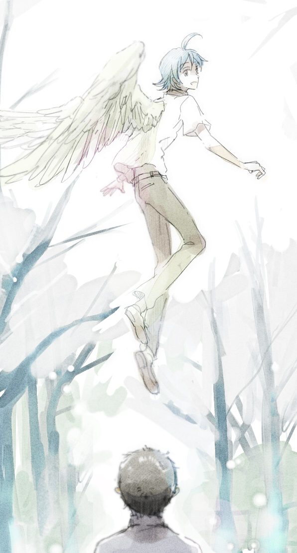 2boys, angel, angel_(evangelion), apathy, brown_hair, ikari_shinji, multiple_boys, nagisa_kaworu, neon_genesis_evangelion, red_eyes, school_uniform, short_hair, smile, snow, tree, white_hair, wings, winter
