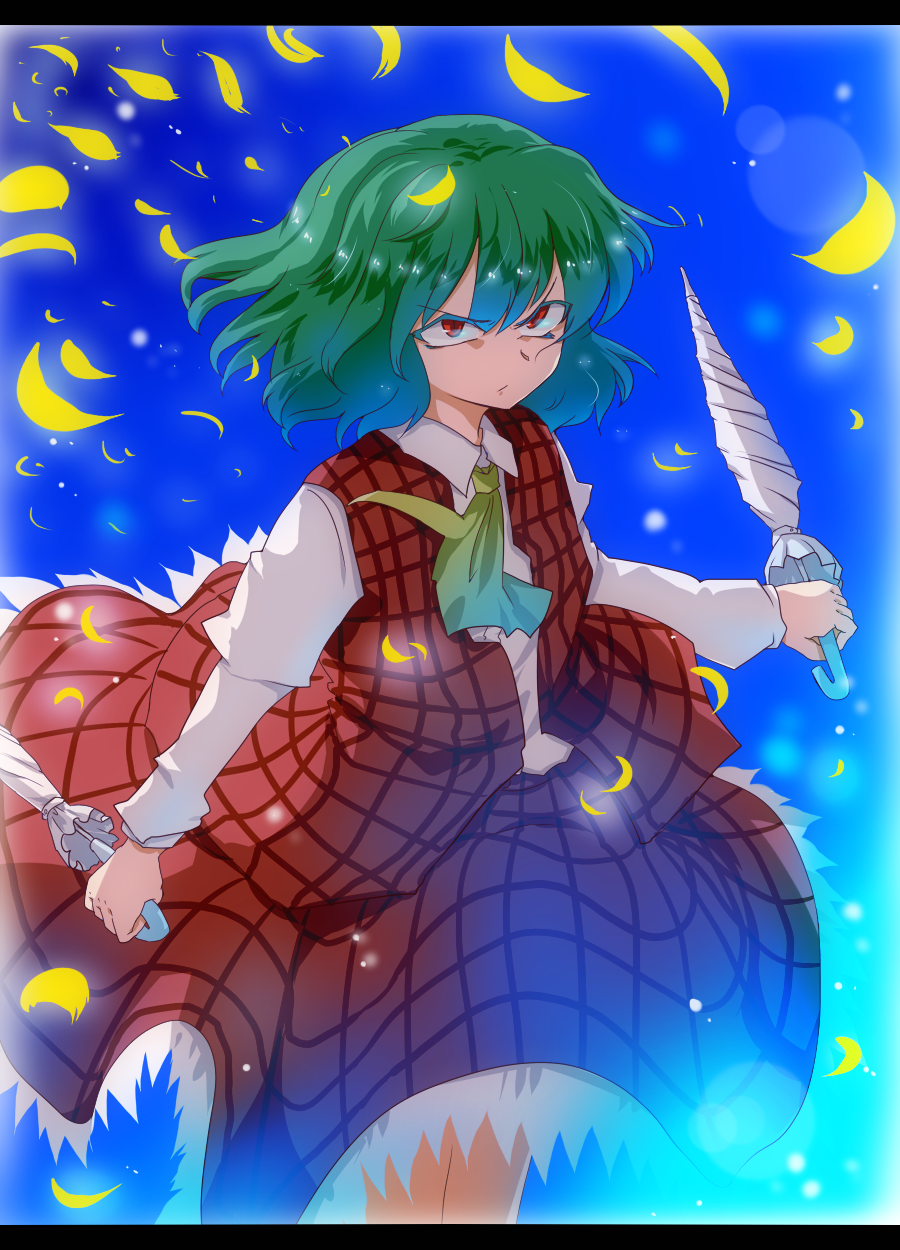1girl, ascot, blue_hair, dual_wielding, green_hair, highres, kazami_yuuka, letterboxed, long_sleeves, mizuga, multicolored_hair, petals, plaid, plaid_skirt, plaid_vest, red_eyes, shirt, short_hair, skirt, solo, touhou, umbrella, vest