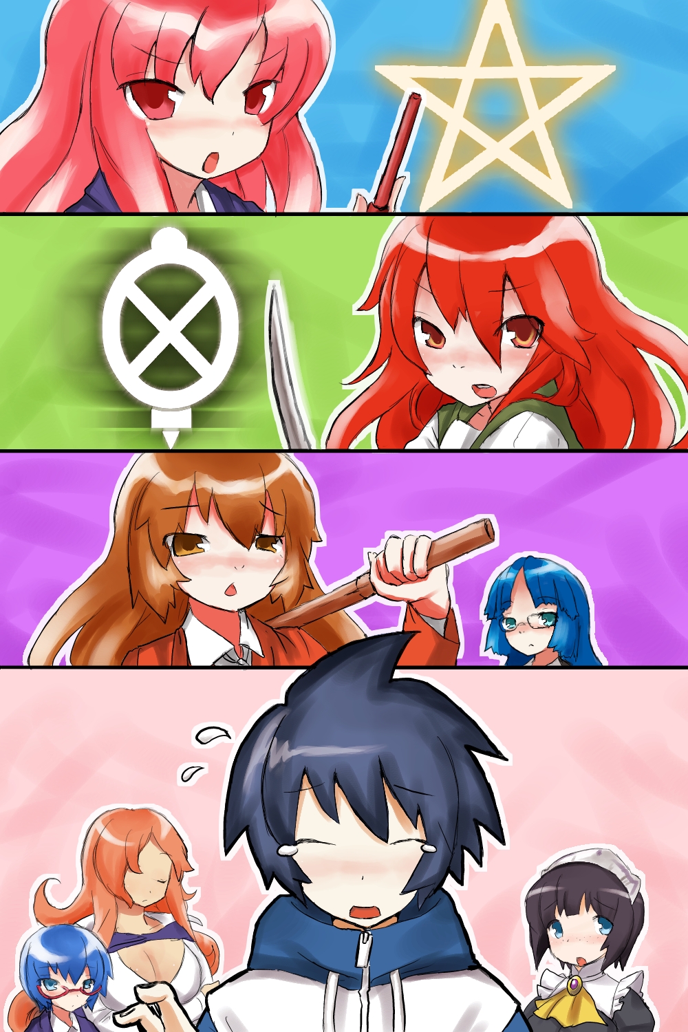 aisaka_taiga, bokken, crossover, hiraga_saito, kamiyama_kenta, kawashima_ami, kirche_augusta_frederica_von_anhalt_zerbst, kugimiya_rie