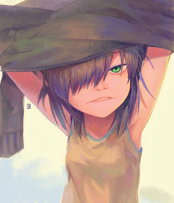 a-ka, armpits, arms_up, brown_eyes, flat_chest, frown, gorillaz, green_eyes