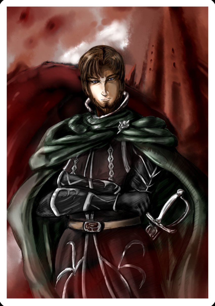 1boy, armor, black_eyes, blue_eyes, border, brown_hair, cape, corwin_of_amber, deskull, facial_hair, goatee, highres, solo, sword, the_chronicles_of_amber, weapon