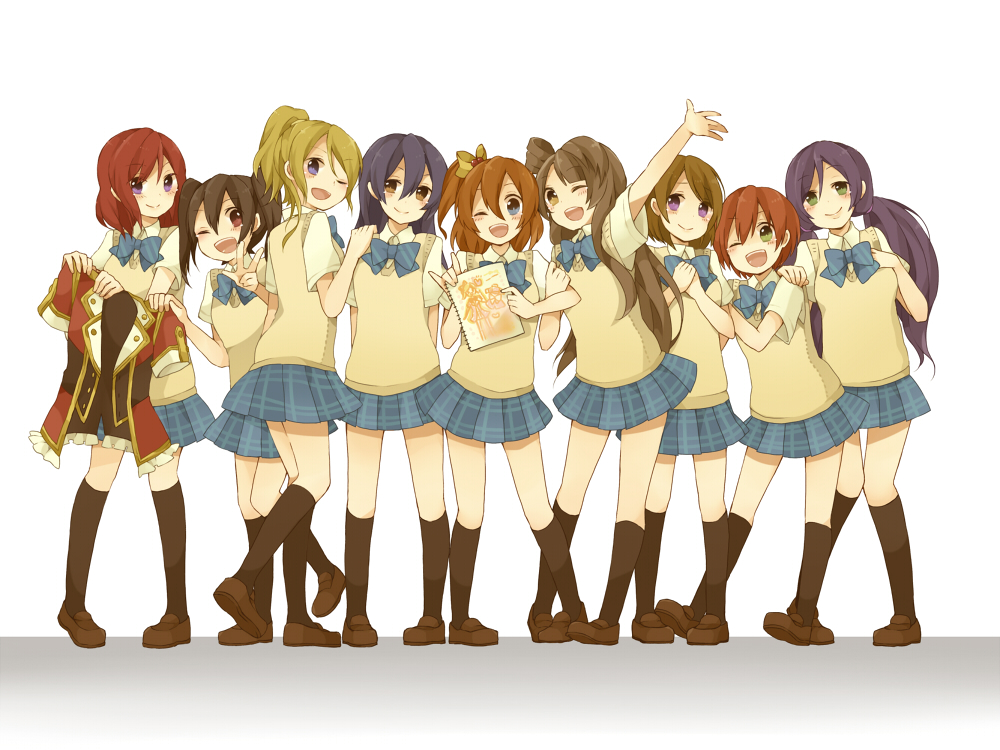 6+girls, ;d, arm_up, asari_toko, ayase_eli, black_hair, black_legwear, blonde_hair