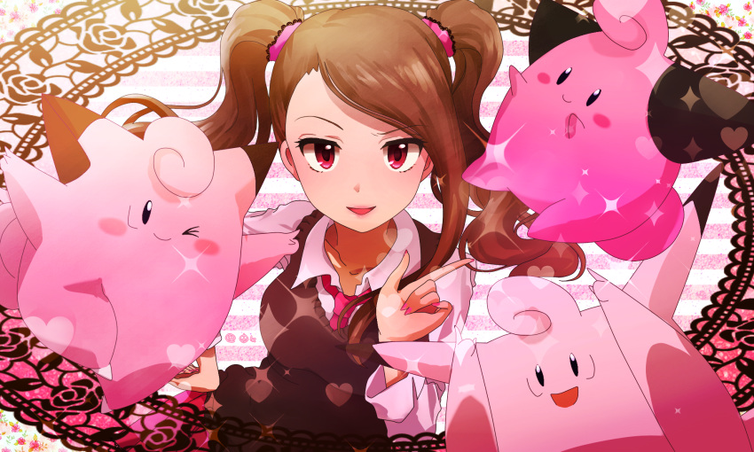 1girl, brown_hair, clefable, clefairy, cleffa, crossover, highres, idolmaster