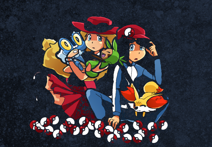 1boy, 1girl, adjusting_sunglasses, black_legwear, blonde_hair, blue_eyes, calme_(pokemon), chespin, fennekin, froakie, hat, hug, long_hair, poke_ball, pokemon, pokemon_(creature), pokemon_(game), pokemon_xy, serena_(pokemon), sunglasses, sunglasses_on_head, thigh-highs, thighhighs, track_suit, zachs