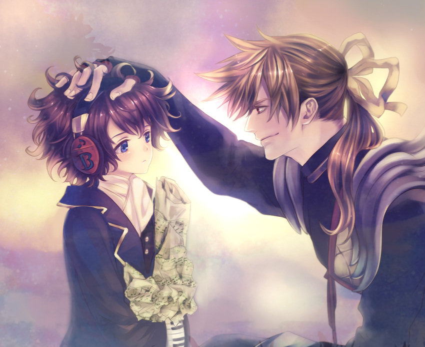 1boy, 1girl, black_hair, blue_eyes, brown_hair, coat, eiyuu_senki, furachi, hair_ribbon, hand_on_head, headphones, long_hair, ludwig_van_beethoven_(eiyuu_senki), piano_print, ponytail, protagonist_(eiyuu_senki), ribbon, short_hair