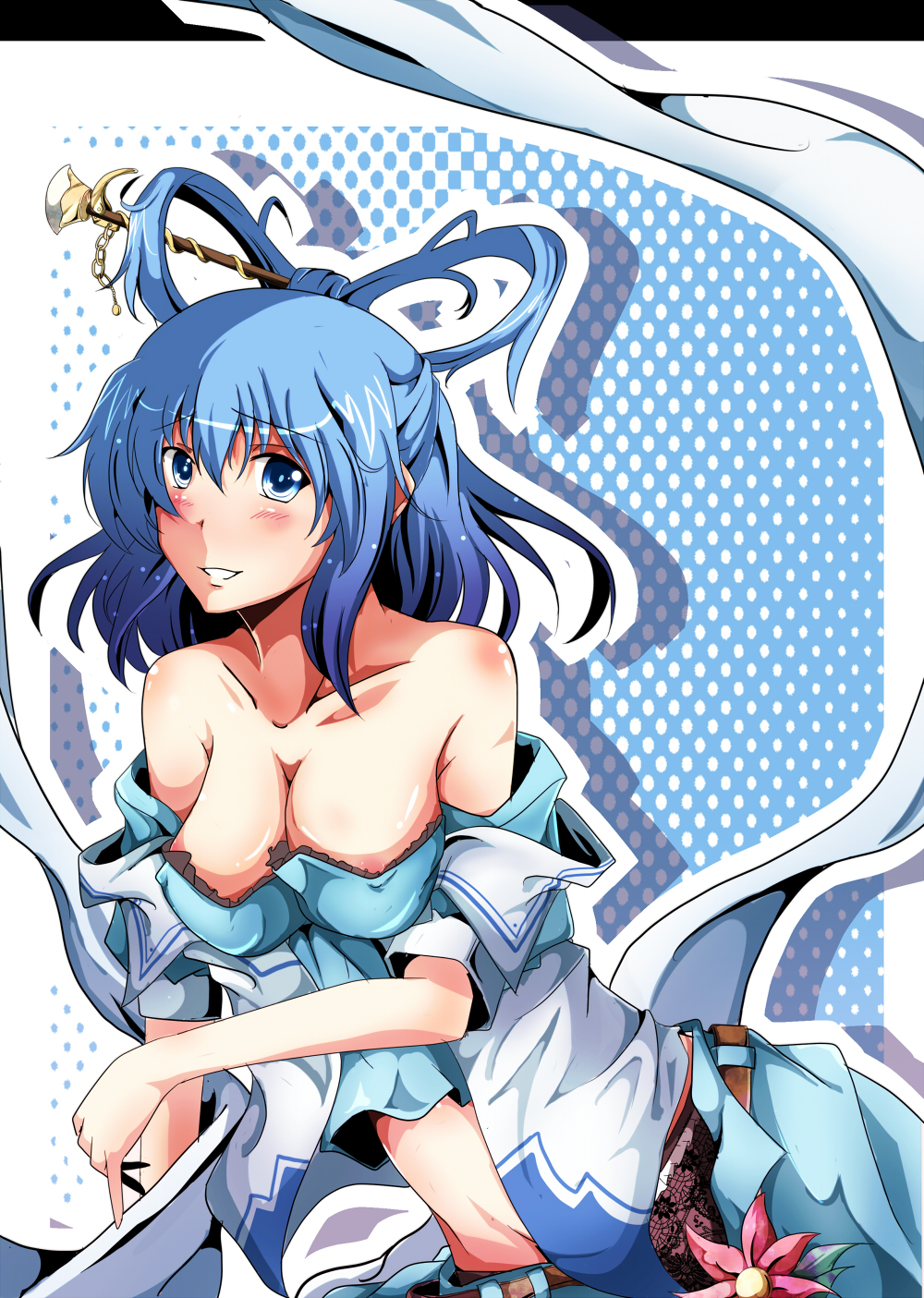 1girl, bare_shoulders, belt, blush, breasts, cleavage, dress, flower