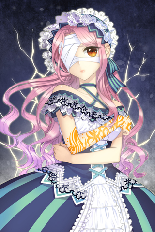 bandage, bandages, bangs, bare_shoulders, beuliseuka, clenched_hand, collarbone, crossed_arms, dress, flint_(sword_girls), frills, frown, long_hair, lowres, maid_headdress, orange_eyes, parted_bangs, pink_hair, ribbon, solo, strapless, striped, sword_girls, tattoo, very_long_hair, wavy_hair