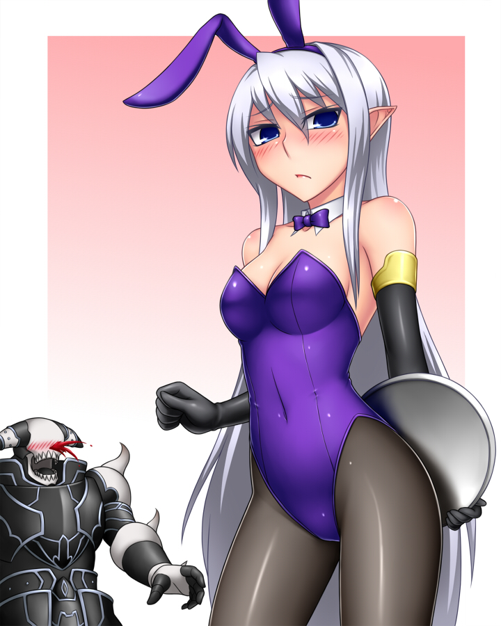 1girl, animal_ears, blood, bowtie, bunny_ears, bunnysuit, character_request, demise, _king_of_armageddon, demise_king_of_armageddon, detached_collar, duel_monster, elbow_gloves, gloves, long_hair, nosebleed, pantyhose, pataryouto, pointy_ears, purple_eyes, rabbit_ears, ruin_queen_of_oblivion, silver_hair, violet_eyes, wrist_cuffs, yu-gi-oh!, yuu-gi-ou