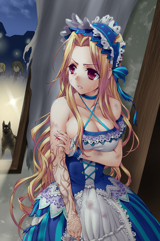 arm_garter, blonde_hair, breasts, brown_hair, byeontae_jagga, choker, cleavage, collarbone