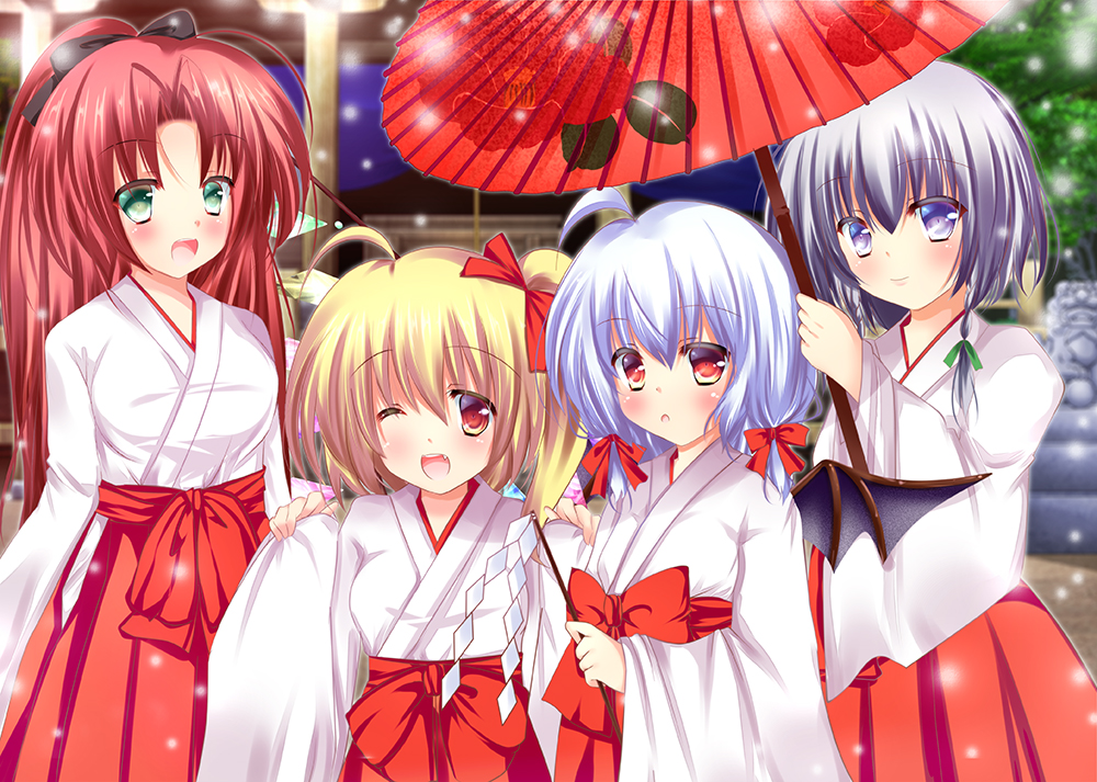 4girls, ahoge, aqua_eyes, bat_wings, blonde_hair, blue_eyes, blue_hair, blush