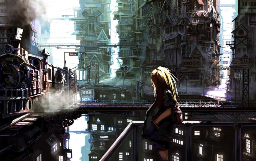 1girl, backpack, bag, blonde_hair, bridge, city, cityscape, hands_in_pockets, locomotive, long_hair, looking_away, original, railroad_tracks, scenery, shorts, smoke, solo, standing, steam, steam_locomotive, train, udlj331, windmill
