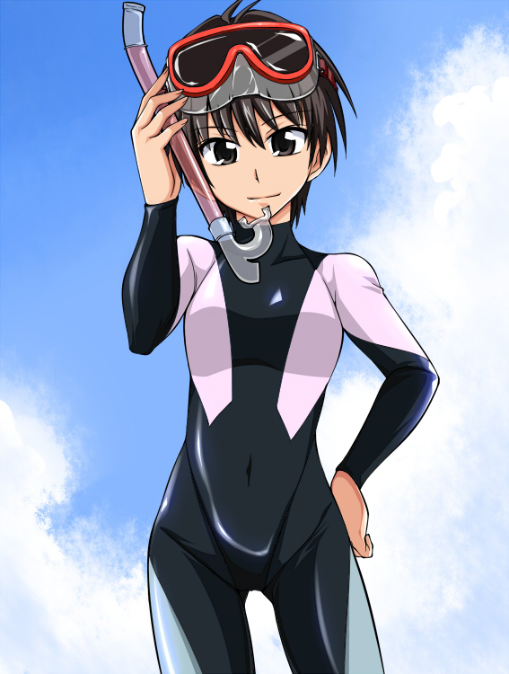 1girl, black_eyes, black_hair, bodysuit, diving_mask, idolmaster, kikuchi_makoto, kumataka