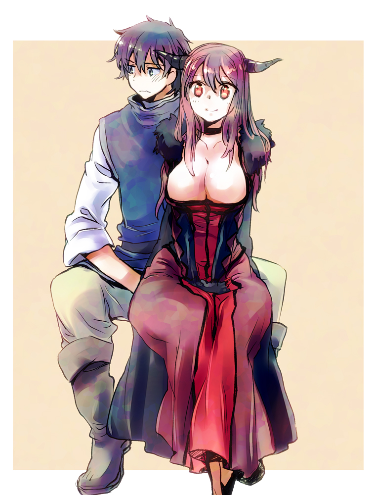 1boy, 1girl, boots, breasts, choker, cleavage, dress, horns, huge_breasts, long_hair, maou_(maoyuu), maoyuu_maou_yuusha, nisehoya, purple_hair, red_eyes, short_hair, sitting, smile, yuusha_(maoyuu)