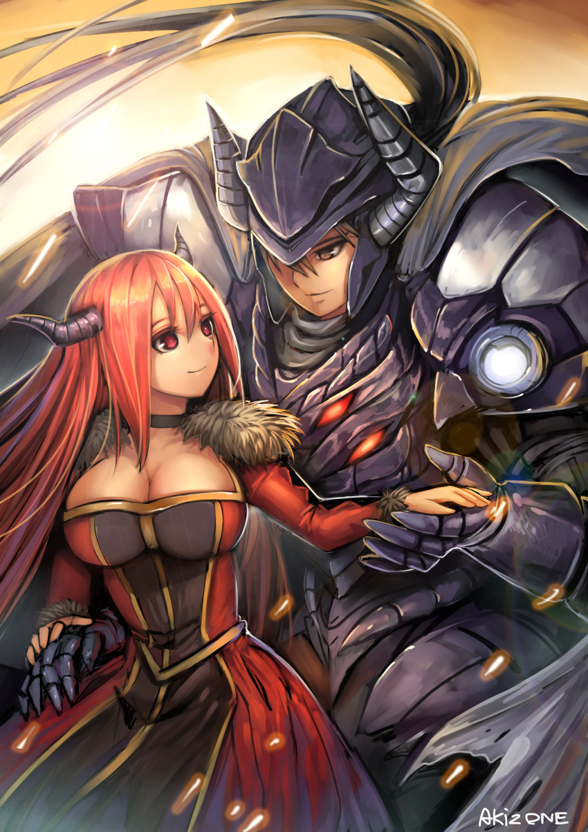 1boy, 1girl, absurdres, akizone, armor, artist_name, breasts, brown_hair