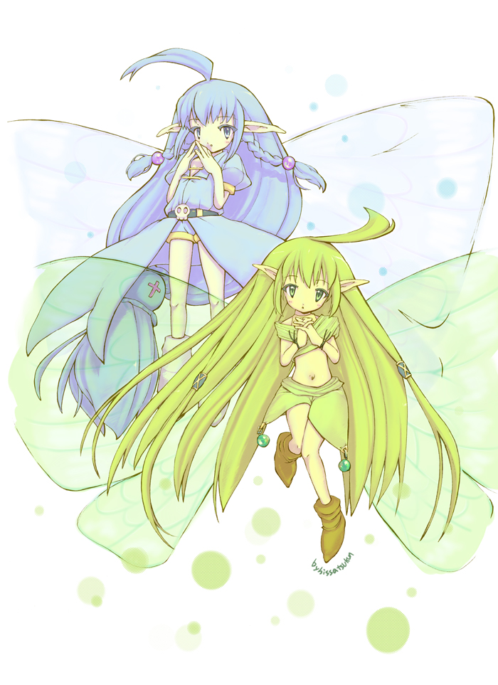 2girls, ahoge, belt, blue_eyes, blue_hair, cross, fairy, fairy_wings, green_eyes, green_hair, hissatsukun, lilli, long_hair, multiple_girls, navel, pointy_ears, rosenkreuzstilette, rosenkreuzstilette_freudenstachel, strudel, wings