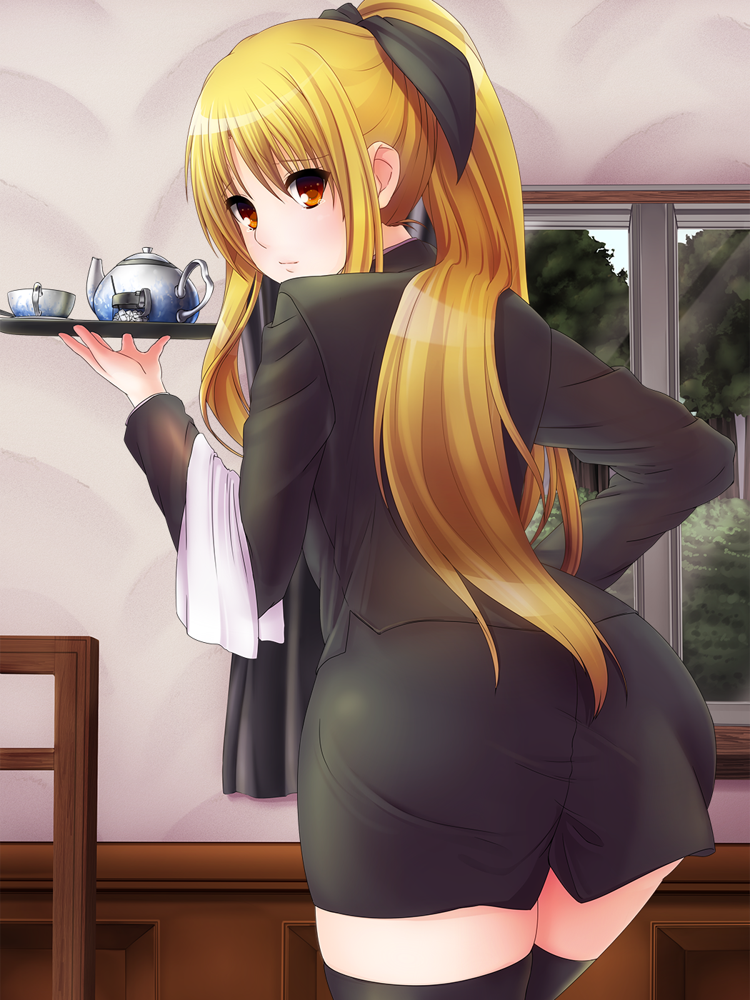 alternate_hairstyle, ass, black_legwear, blonde_hair, chair, fate_testarossa, formal, from_behind, highres, ishibashi, long_hair, looking_back, lyrical_nanoha, mahou_shoujo_lyrical_nanoha_strikers, orange_eyes, ponytail, solo, suit, teapot, tears, thigh-highs, thighhighs, tray, window, zettai_ryouiki