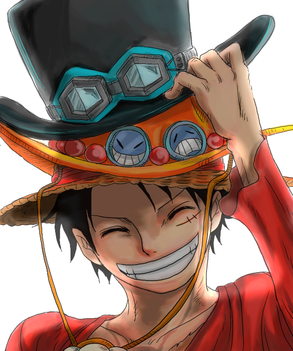 1boy, adjusting_hat, black_hair, closed_eyes, collarbone, eyes_closed, goggles_on_hat, grin, hat, hat_tip, monkey_d_luffy, one_piece, scar, simple_background, smile, solo, stacked_hats, straw_hat, top_hat