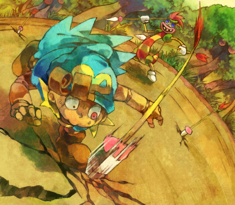 :>, arrow, battle, bent_over, blue_eyes, boots, bow_(weapon), bowyer, bush, cape, constricted_pupils, crack, doll_joints, dutch_angle, forest, geno, grass, hole, motion_blur, nature, open_mouth, sharp_teeth, smile, super_mario_bros., super_mario_rpg, surprised, sweat, tree, weapon