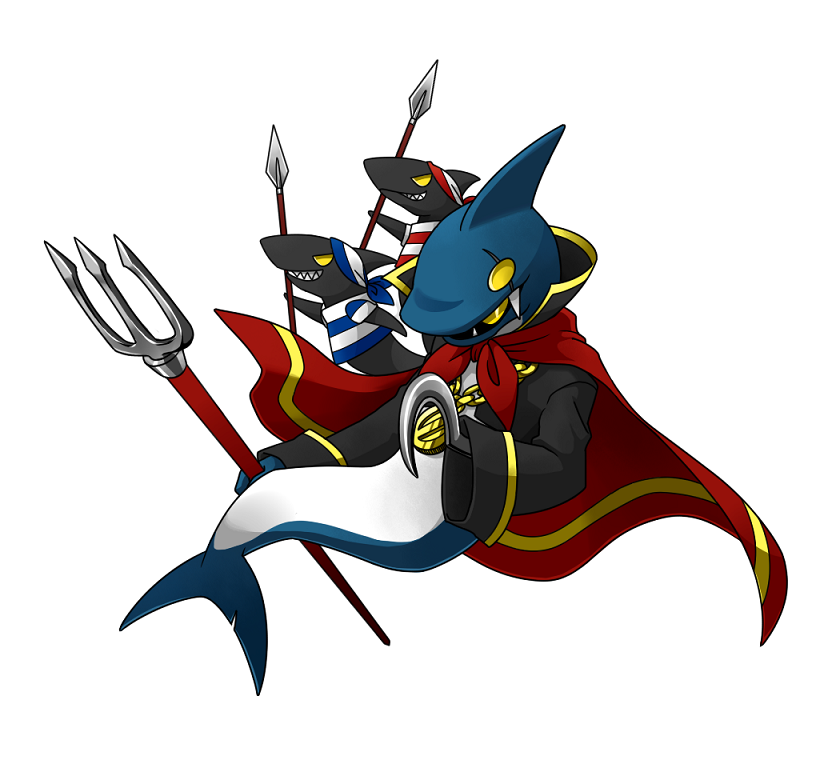 bandanna, cape, chain, chain_necklace, chains, fangs, grin, hook_hand, jewelry, jonathan_jones, necklace, open_mouth, polearm, scar, shark, sharp_teeth, shirt, simple_background, smile, spear, striped, striped_shirt, super_mario_bros., super_mario_rpg, trident, weapon