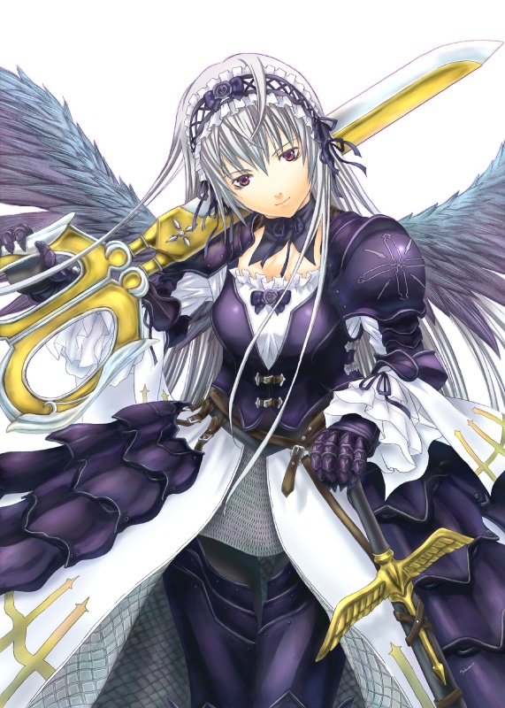 ahoge, doll, dress, gothic_lolita, grey_hair, lolita_fashion, long_hair, mercury_lampe, rozen_maiden, sabamu, silver_hair, suigintou, sword, violet_eyes, weapon, white_hair, wings