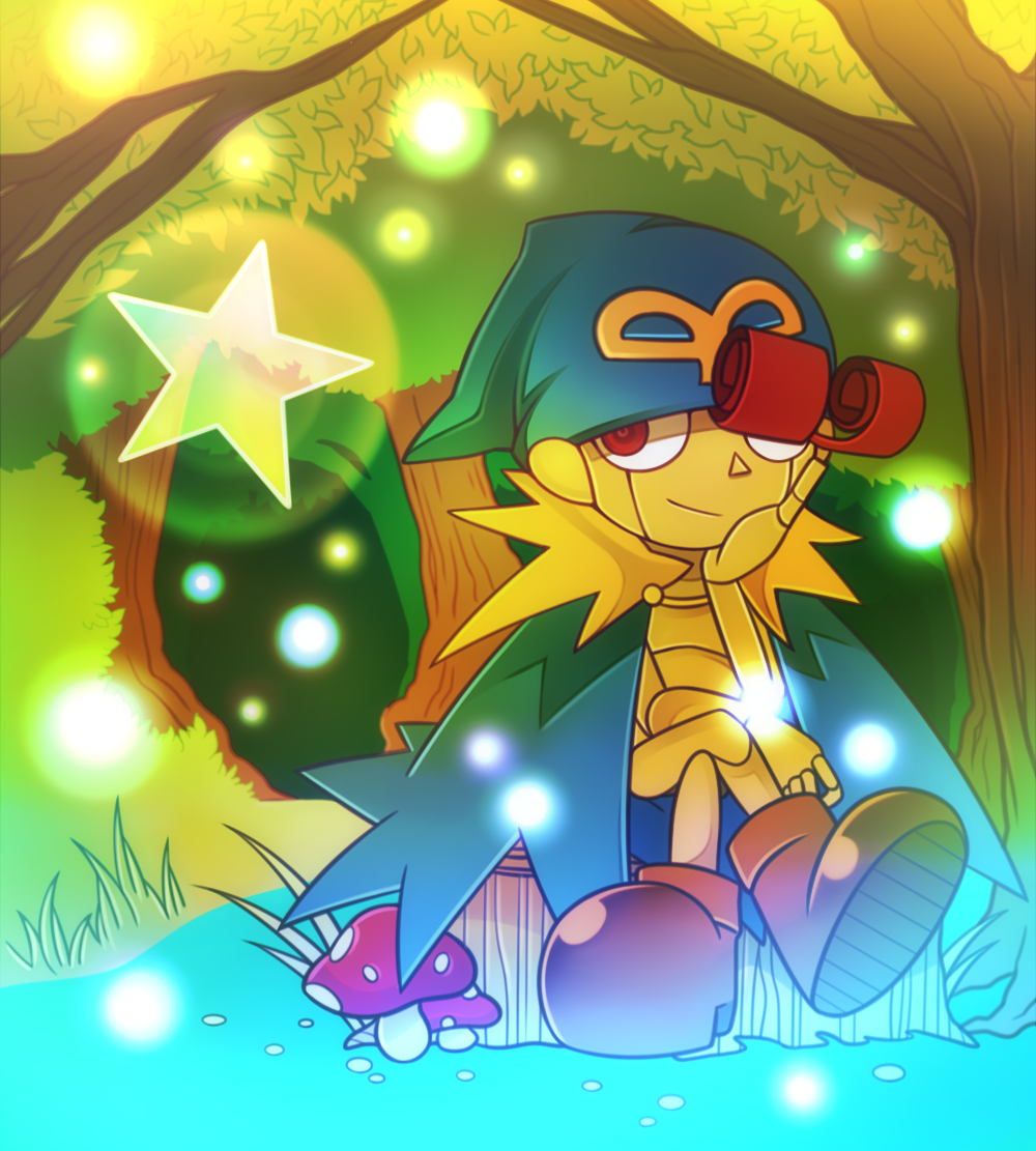 boots, bush, cape, chin_rest, crossed_legs, doll_joints, forest, geno