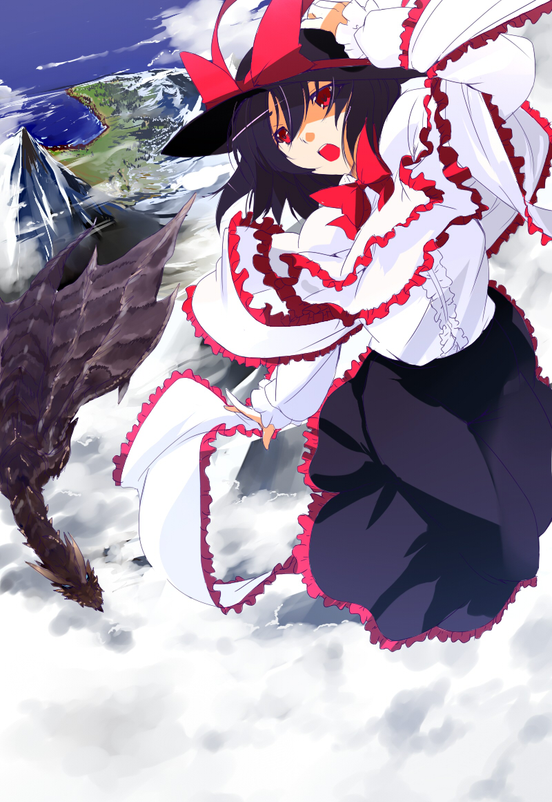 1girl, bow, capelet, cloud, clouds, flying, frills, hand_on_hat