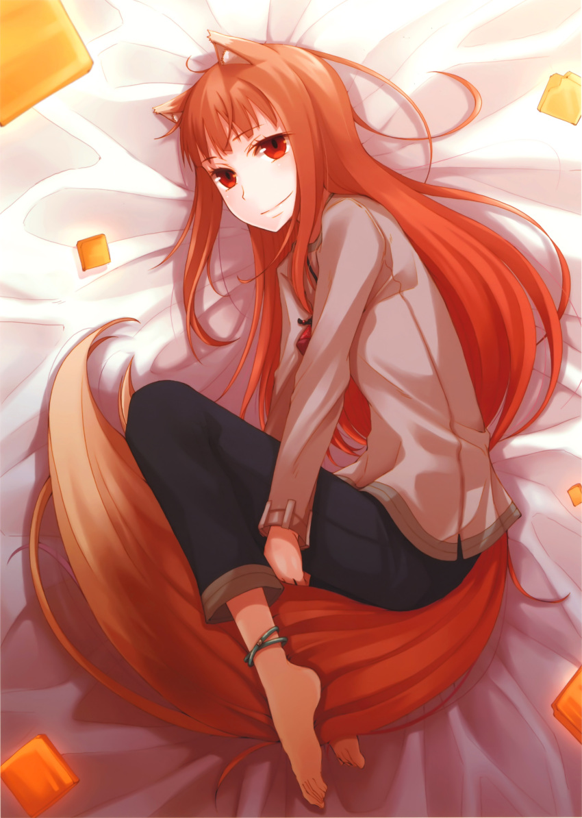 1girl, absurdres, animal_ears, anklet, ayakura_juu, barefoot, between_legs, blush