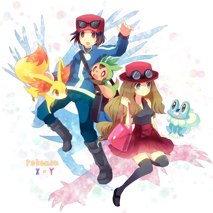 1boy, 1girl, bag, black_hair, black_legwear, boots, brown_hair, calme_(pokemon), chespin, fennekin, froakie, full_body, handbag, hat, jacket, kokoroko, long_hair, pokemon, pokemon_(creature), pokemon_(game), pokemon_xy, serena_(pokemon), shoulder_bag, skirt, smile, sunglasses, thigh-highs, thighhighs, title_drop, xerneas, yveltal
