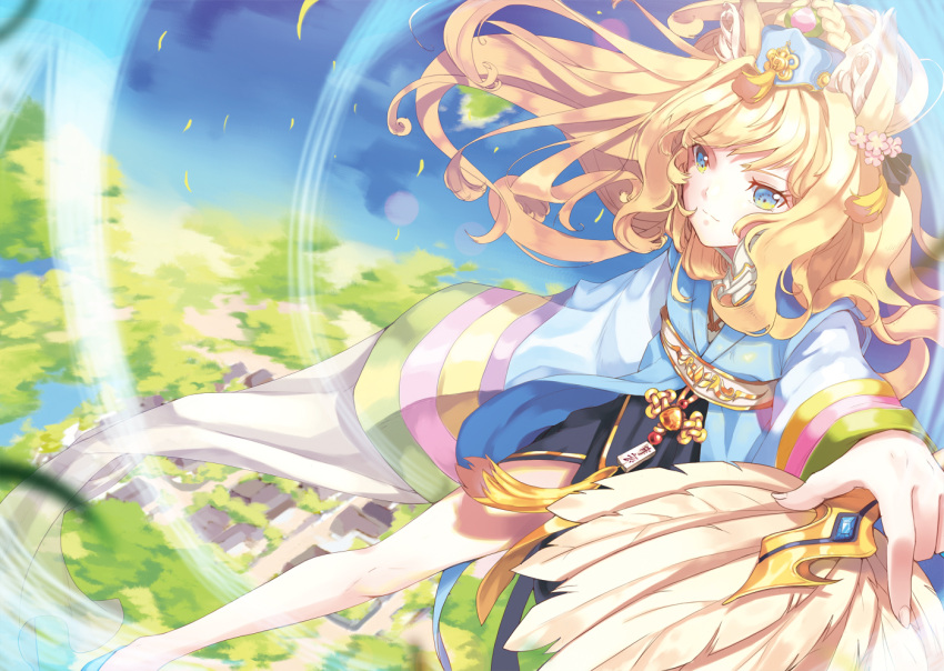 animal_ears, blonde_hair, blue_eyes, cherinova, feathers, flower, leaf, long_hair