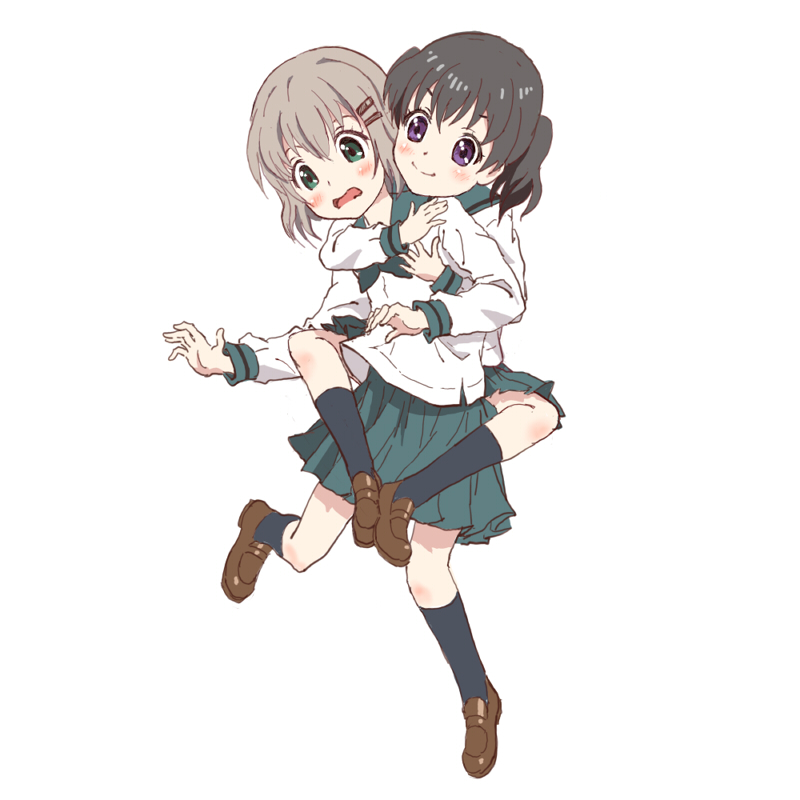 2girls, black_hair, green_eyes, grey_hair, hinata_(yama_no_susume), multiple_girls, purple_eyes, sanadafelix