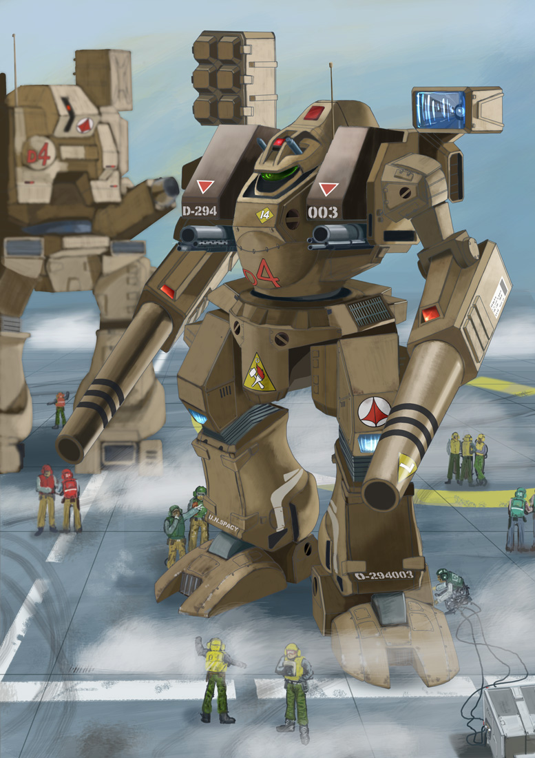 80s, antennae, arm_cannon, boots, cable, cannon, choujikuu_yousai_macross, destroid, engineer, gloves, goggles, gun, hangar, helmet, i.t.o_daynamics, logo, machine_gun, macross, macross:_do_you_remember_love?, mecha, oldschool, realistic, science_fiction, tomahawk_(destroid), u.n._spacy, uniform, vest, weapon