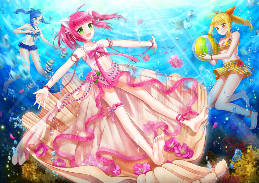3girls, animal_ears, ankle_ribbon, anklet, armlet, ball, barefoot, beachball