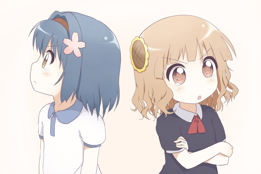 2girls, blonde_hair, blue_hair, brown_eyes, child, crossed_arms, flower, furutani_himawari