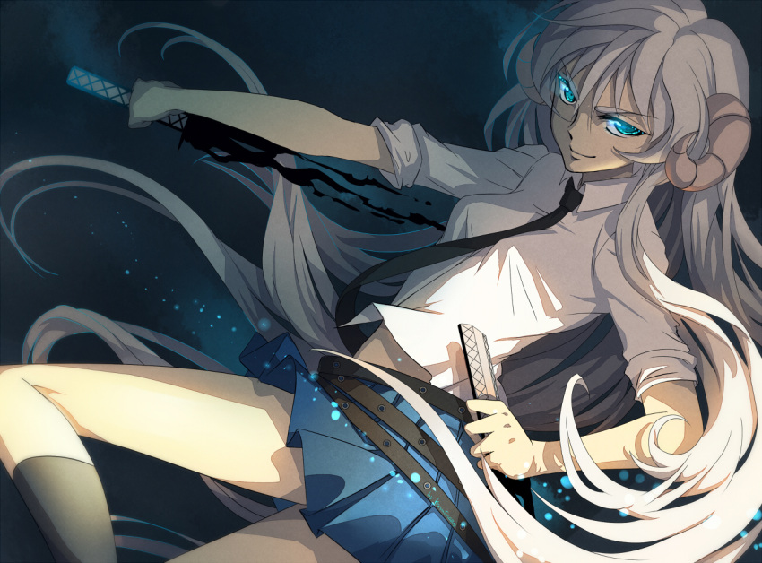 1girl, aqua_eyes, horns, kaminary, long_hair, original, sleeves_rolled_up, solo