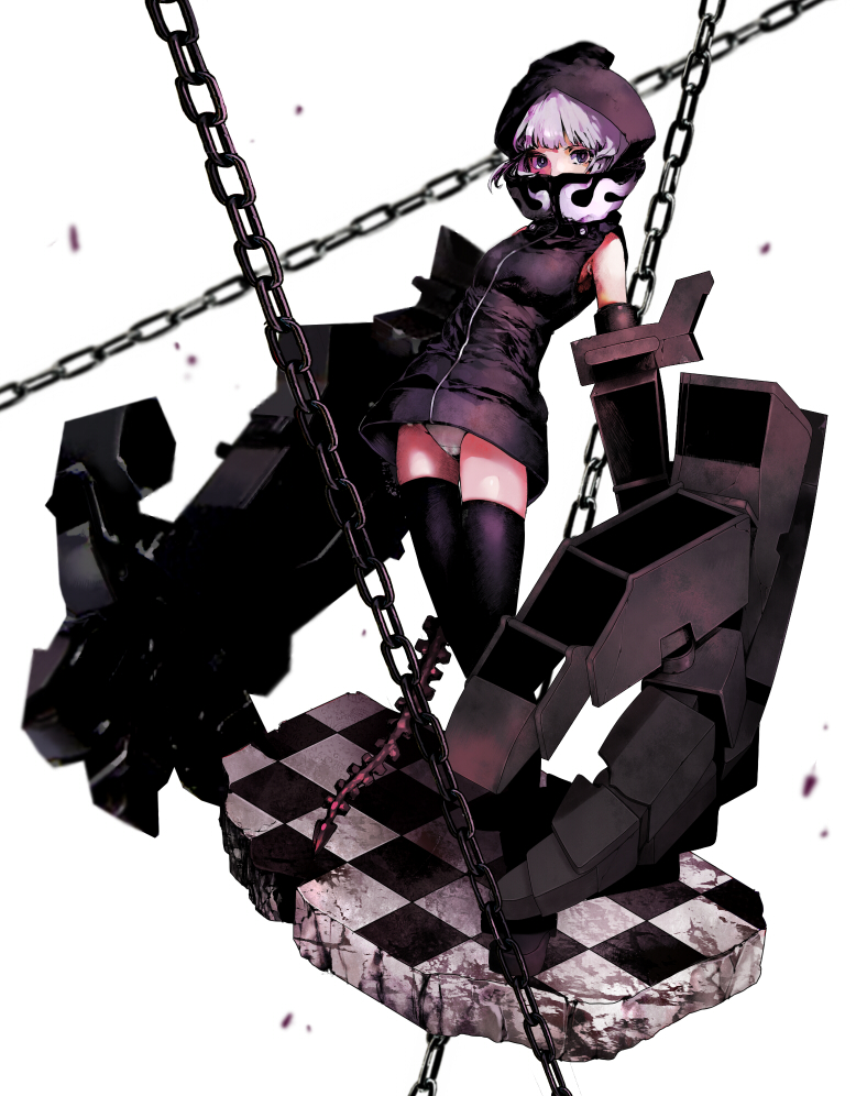 1girl, black_legwear, black_rock_shooter, chain, chains, hoodie, metal_gloves, nemutai