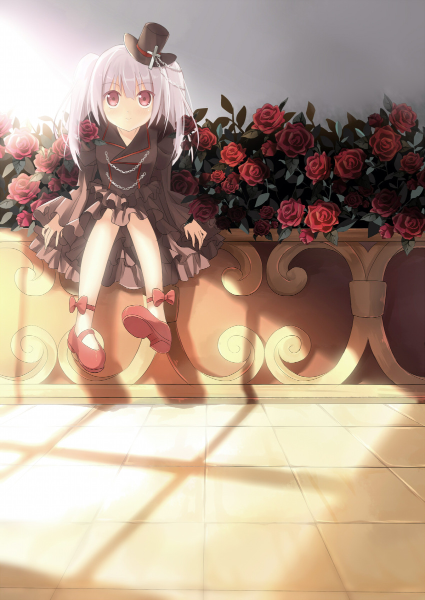 1girl, flower, hat, highres, looking_at_viewer, original, rose, smile, solo, xinta