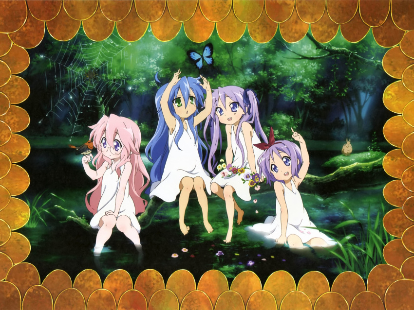 bird, blue_hair, butterfly, hiiragi_kagami, hiiragi_tsukasa, izumi_konata, lucky_star, pink_hair, purple_hair, rabbit, spider, spiderweb, takara_miyuki
