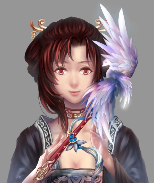 1girl, bird, brown_hair, copyright_request, grey_background, inanna123, long_hair, red_eyes