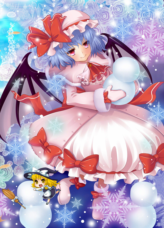 2girls, apron, ascot, bat_wings, blonde_hair, blue_background, blue_hair, boots