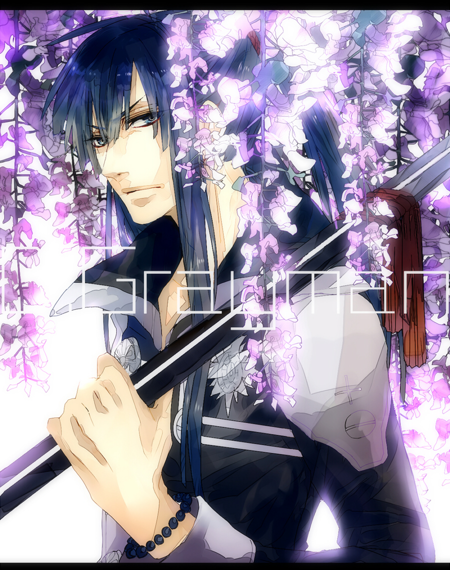 1boy, bangs, blue_eyes, blue_hair, blunt_bangs, bracelet, d.gray-man, flower